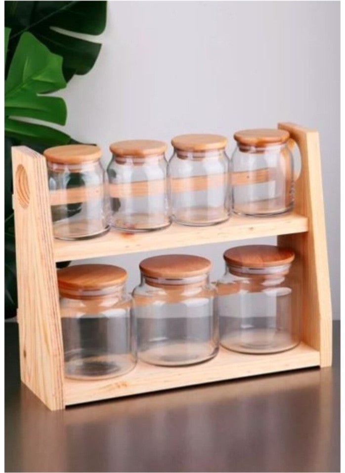 7-Piece Glass Spice Set with Bamboo Lid and Wooden Stand