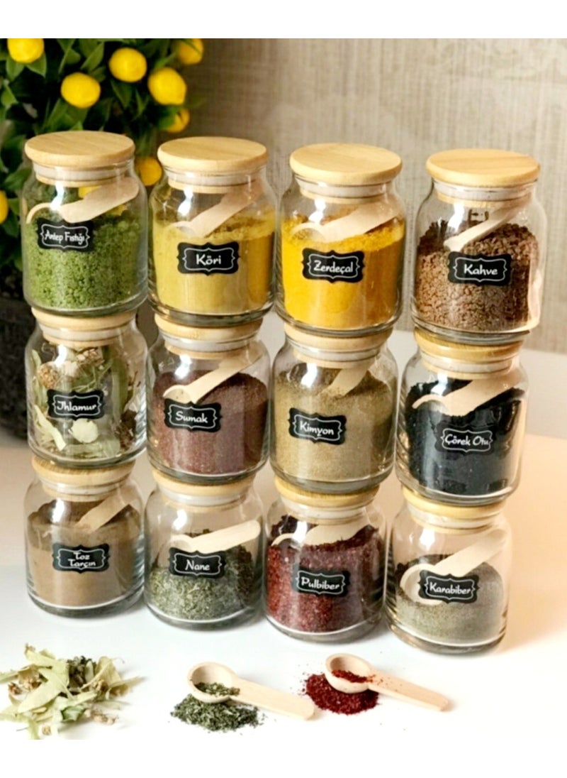 12-Piece Glass Spice Jar Storage Set with Labeled Spoon and 300ML Bamboo Lid