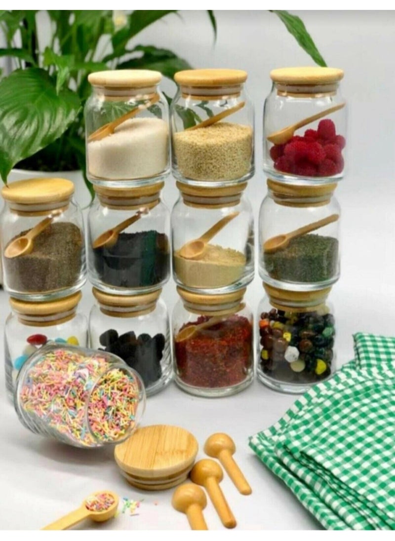 12-Piece Glass Spice Jar Storage Set with Labeled Spoon and 300ML Bamboo Lid