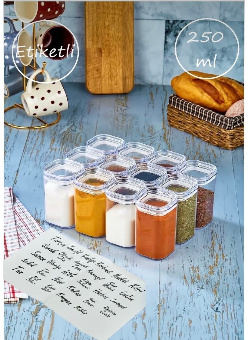 Labeled 12-Piece 250 ml Acrylic Spice Jar Set with Storage Door and Transparent Label