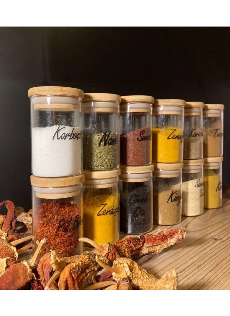12-Piece Bamboo Lid Vacuum Glass 180ML Spice Jar Set Labeled Spice Set