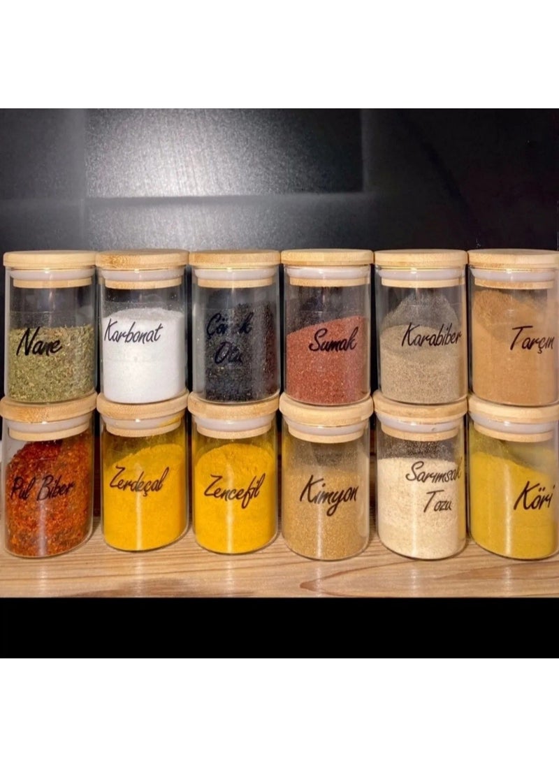 12-Piece Bamboo Lid Vacuum Glass 180ML Spice Jar Set Labeled Spice Set