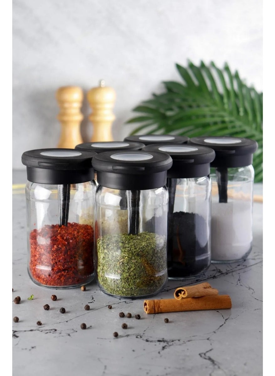 6 Pieces Silicone Vacuum Glass Spice Jar with Lid - Labeled Spice Jar with Spoon - 380 ml