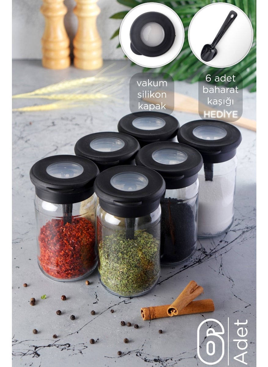 6 Pieces Silicone Vacuum Glass Spice Jar with Lid - Labeled Spice Jar with Spoon - 380 ml