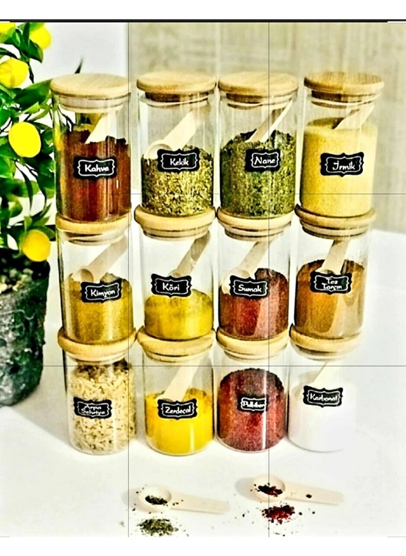 12-Piece Labeled Bamboo Lid CAM250ML Spice Bowl and 12 Spice Spoons 24 Piece Spice Bowl Set