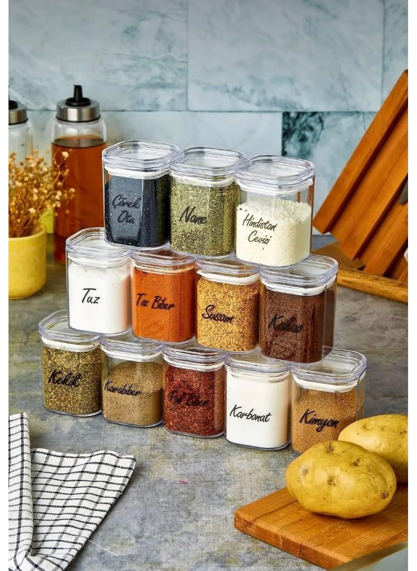 Labeled 12-Piece 200 ml Acrylic Spice Jar Set with Storage Door and Transparent Label