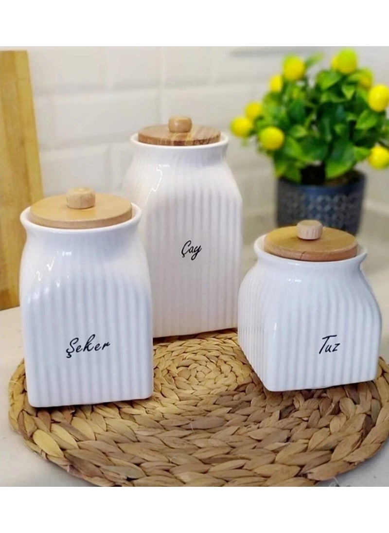 3-Piece Porcelain Tea Sugar Salt Storage Jar Set 1000ML, 750ML, 500ML