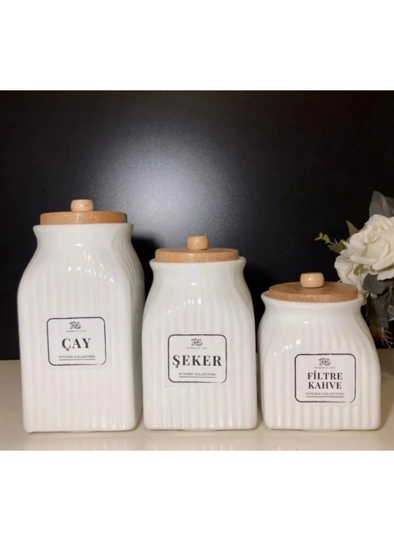 3-Piece Porcelain Tea Sugar Coffee Jar Storage SET 1000ML, 750ML, 500ML