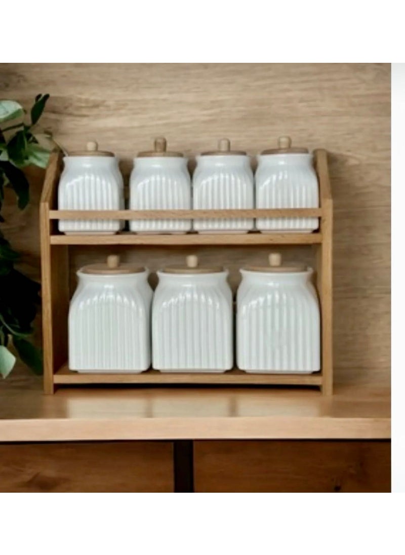 7 Piece Porcelain Spice Storage Jar Set with Wooden Stand Spice Jar Set