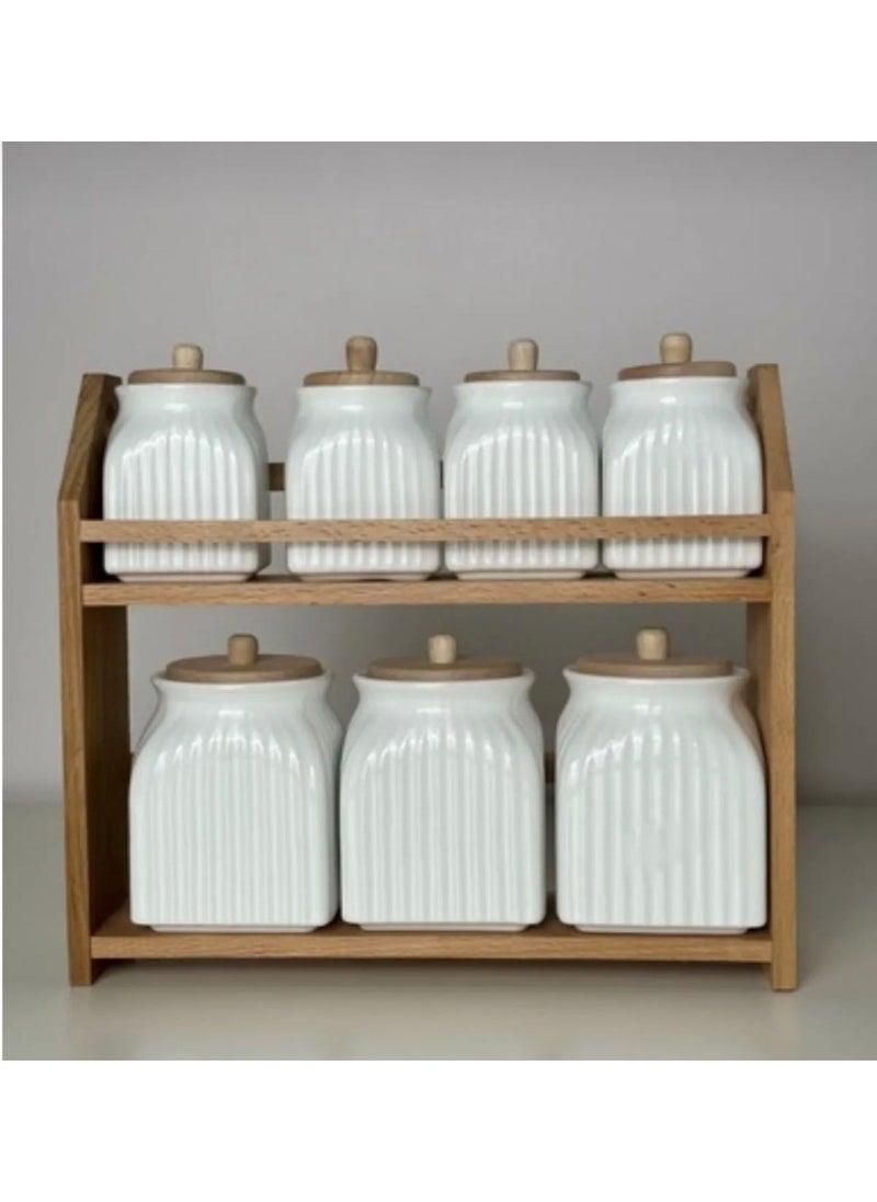 7 Piece Porcelain Spice Storage Jar Set with Wooden Stand Spice Jar Set