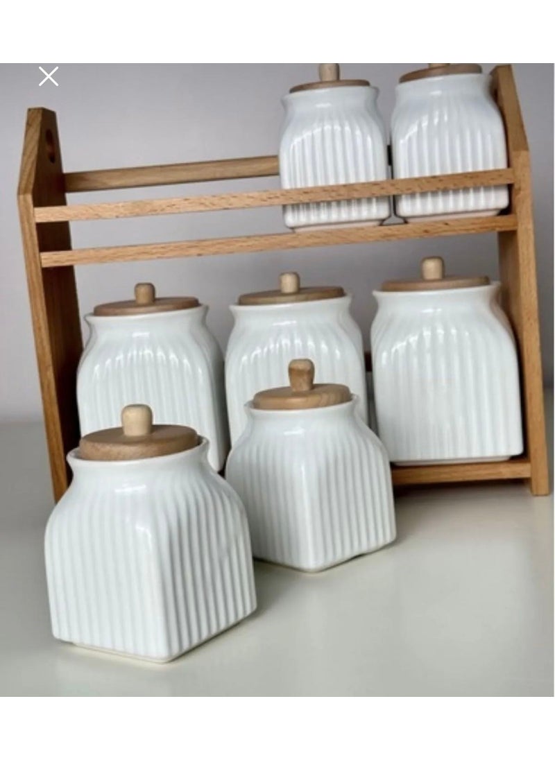 7 Piece Porcelain Spice Storage Jar Set with Wooden Stand Spice Jar Set