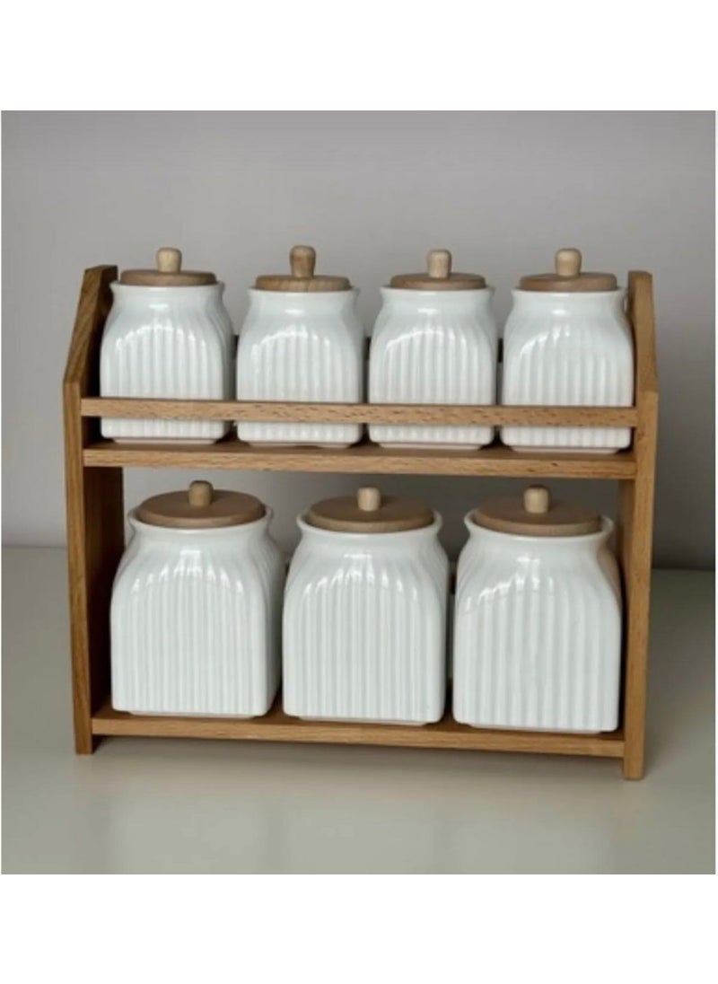 7 Piece Porcelain Spice Storage Jar Set with Wooden Stand Spice Jar Set