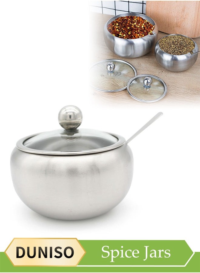 Stainless Steel Spice Jar, Multifunctional Seasoning Box, Food Storage Container, Equipped With Spoon And Lid, High Temperature Resistance, Rust Prevention, Suitable For Storing Sugar, Salt, Seasoning, Pepper, 350ml