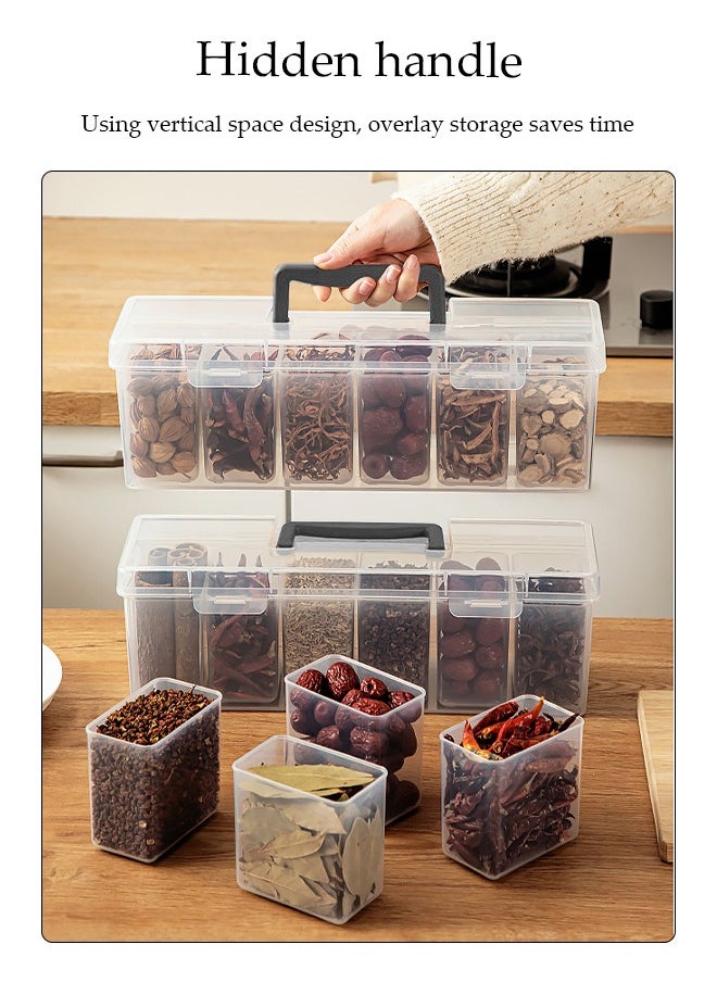 Seasoning Container Set, Household Transparent Spice Storage Box, Kitchen Seasoning Bottle, 6 Detachable Seasoning Boxes, With Handheld And Lid, Snap Design, Moisture Proof And Dustproof, Suitable For Cabinets, Kitchens, Living Rooms