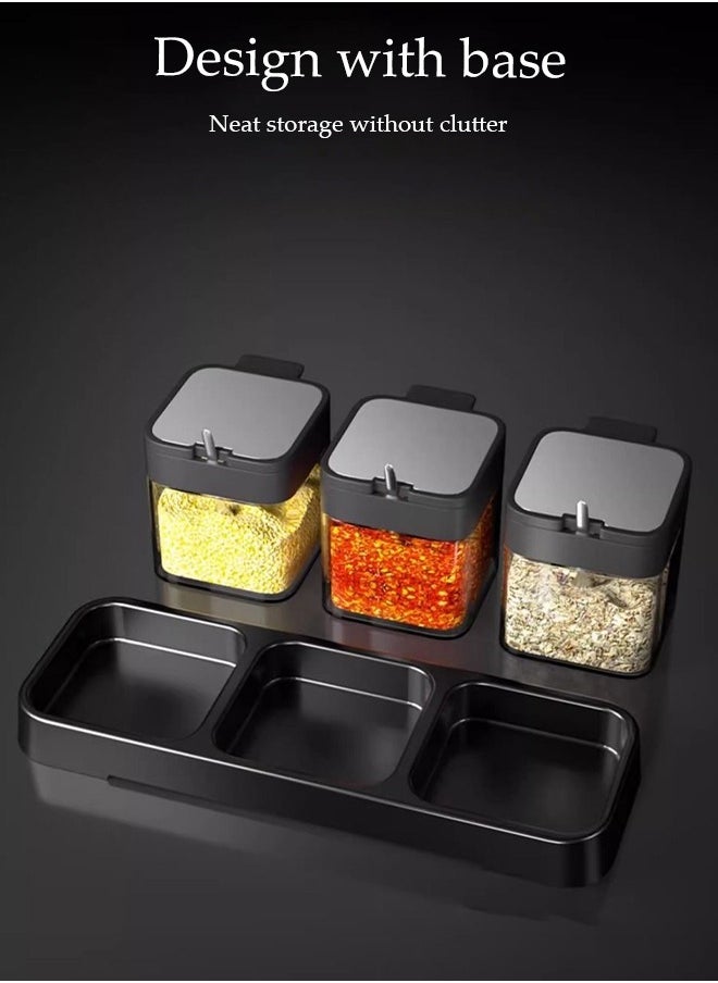 3 Pcs Seasoning Box, Household Spice Container, Kitchen Seasoning Bottle, Equipped Withspoon, Lid, Tray And Label, Handle Design, Dustproof And Moisture Proof, Easy To Clean, Suitable For Home And Kitchen