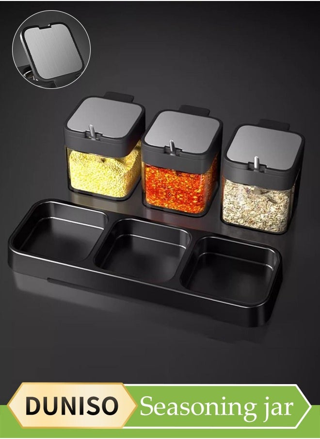 3 Pcs Seasoning Box, Household Spice Container, Kitchen Seasoning Bottle, Equipped Withspoon, Lid, Tray And Label, Handle Design, Dustproof And Moisture Proof, Easy To Clean, Suitable For Home And Kitchen