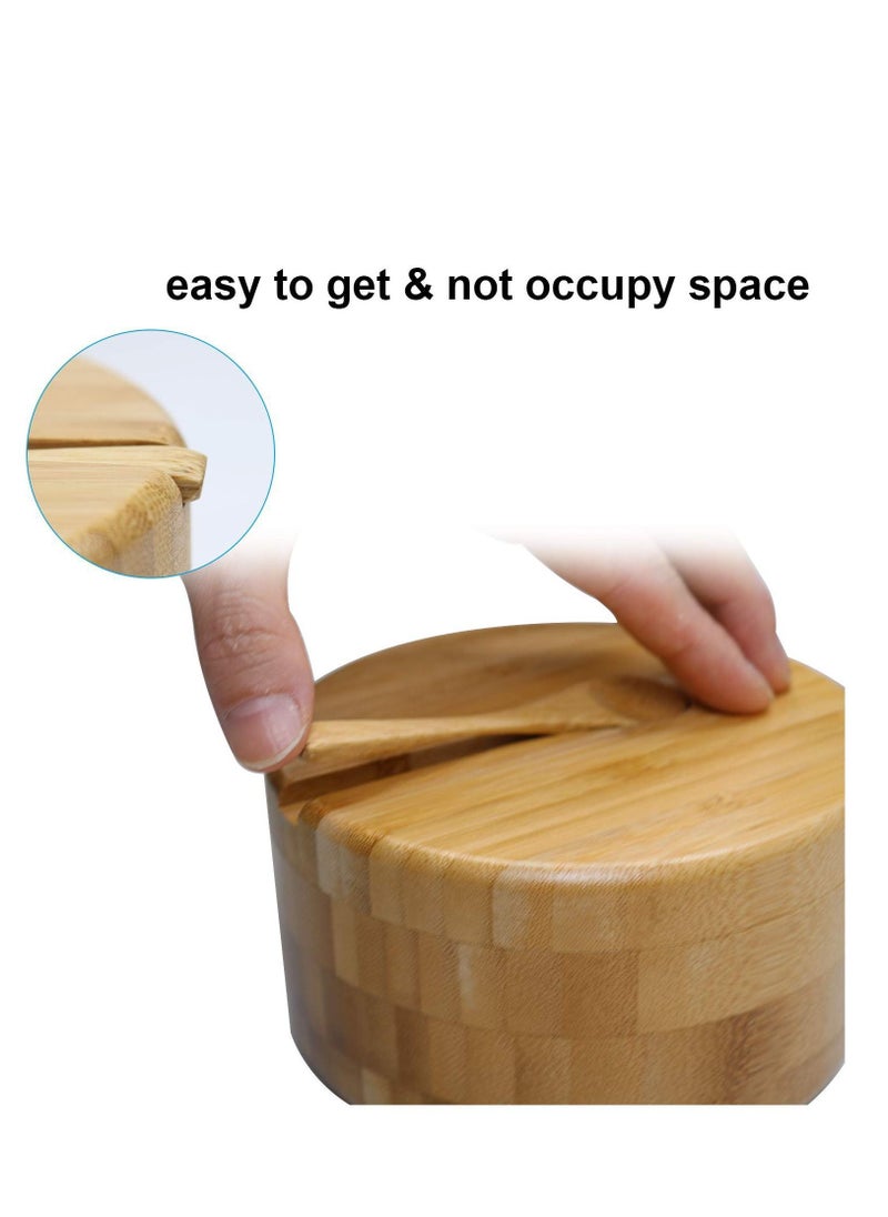 Bamboo Salt and Pepper Bowl Box Cellar Container, Built-in Spoon to Avoid Dust, Swivel Lid with Magnetic Cover Keep Dry, Mini Top, Bath Sea Seasoning Holder