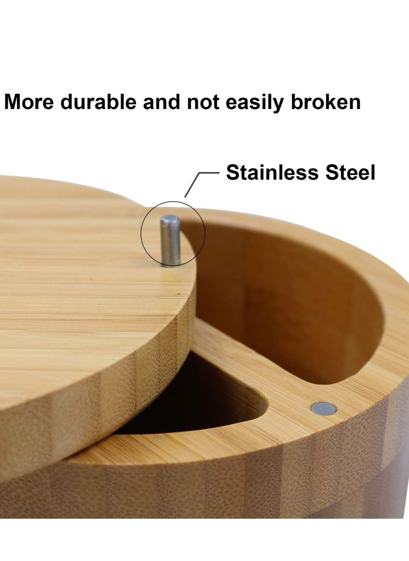Bamboo Salt and Pepper Bowl Box Cellar Container, Built-in Spoon to Avoid Dust, Swivel Lid with Magnetic Cover Keep Dry, Mini Top, Bath Sea Seasoning Holder
