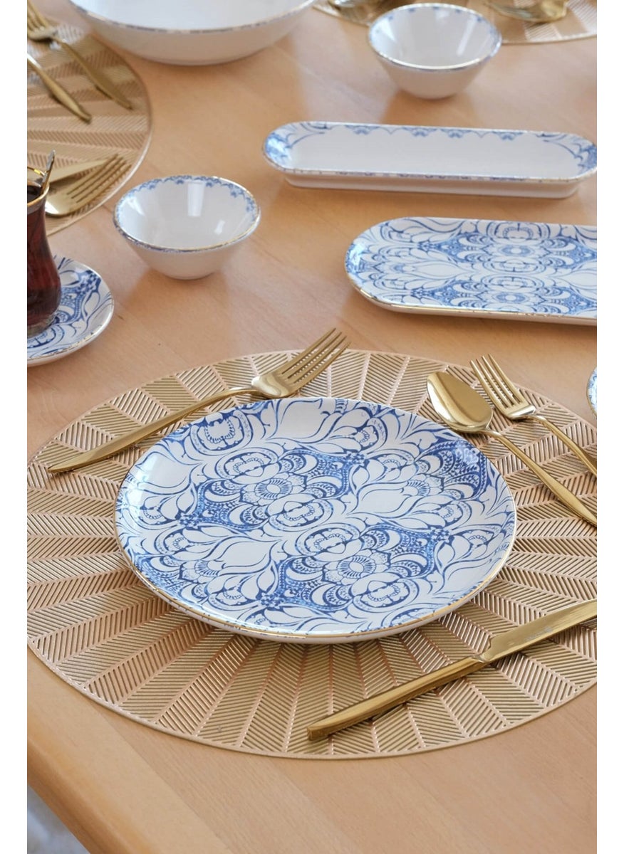 Asya Blue Cycle Gold Gilded 41 Piece 6 Person Ceramic Breakfast Set