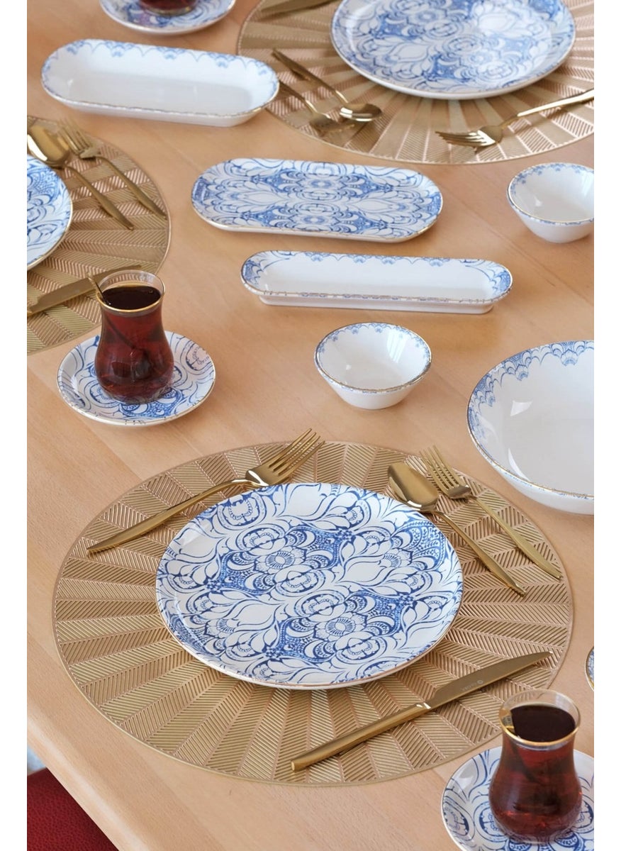 Asya Blue Cycle Gold Gilded 41 Piece 6 Person Ceramic Breakfast Set