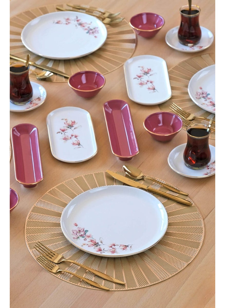 Asya Spring Gold Gilded 32 Piece Ceramic Breakfast Set for 6 People