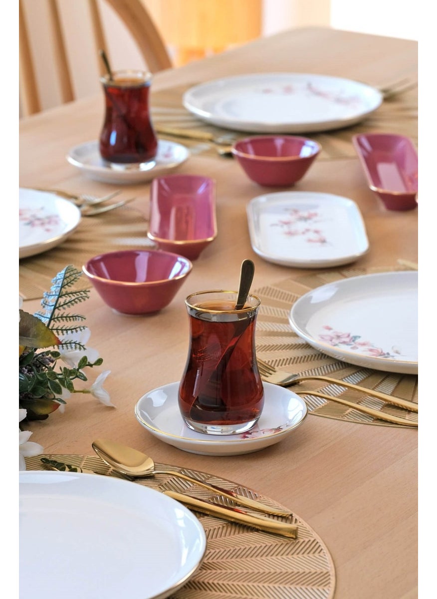 Asya Spring Gold Gilded 32 Piece Ceramic Breakfast Set for 6 People