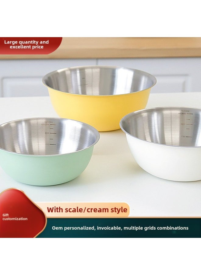 Gift Korean-style Three-piece Set Color Egg Basin With Scale Baking Bowl 304 Stainless Steel Salad Bowl Suit-Specifications:26cm-Color:304#White