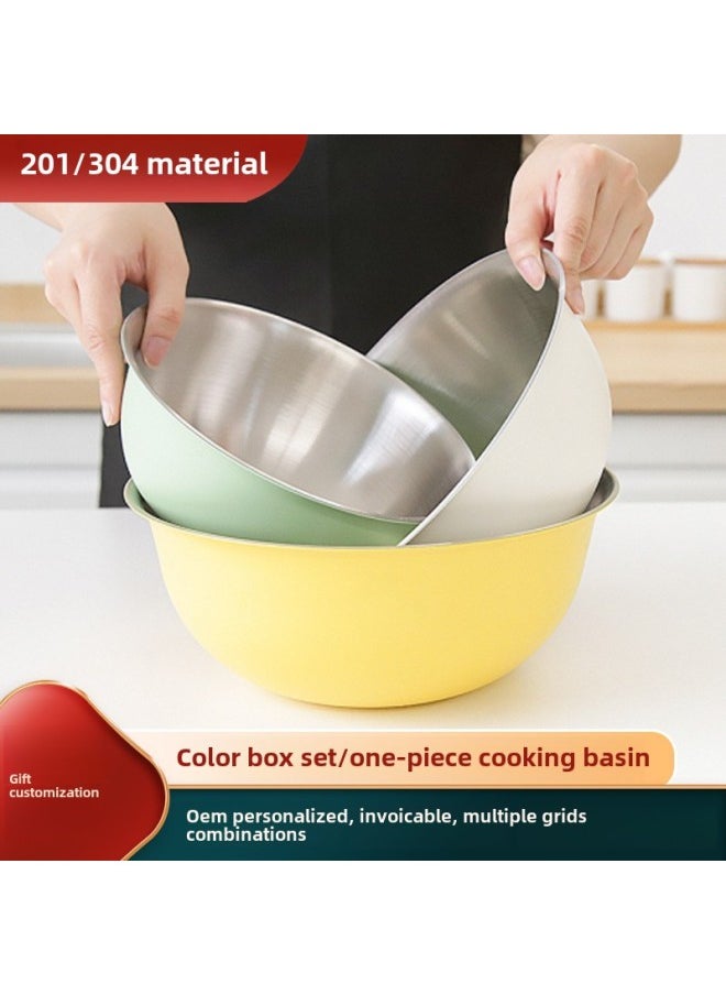 Gift Korean-style Three-piece Set Color Egg Basin With Scale Baking Bowl 304 Stainless Steel Salad Bowl Suit-Specifications:24cm-Color:304# True Colors
