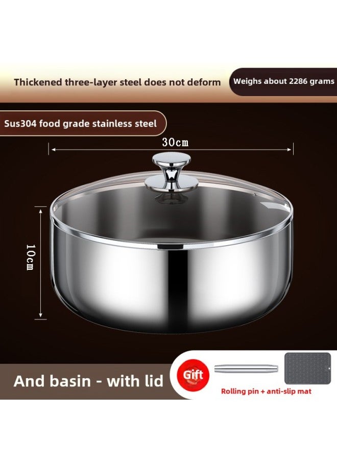 304 Three-layer Steel Extra-thick Stainless Steel And Basin Food-grade Household Egg-beating Basin Baking Face Thickened Basin-Color:30*10cm And Basin (with Lid) + Gifts