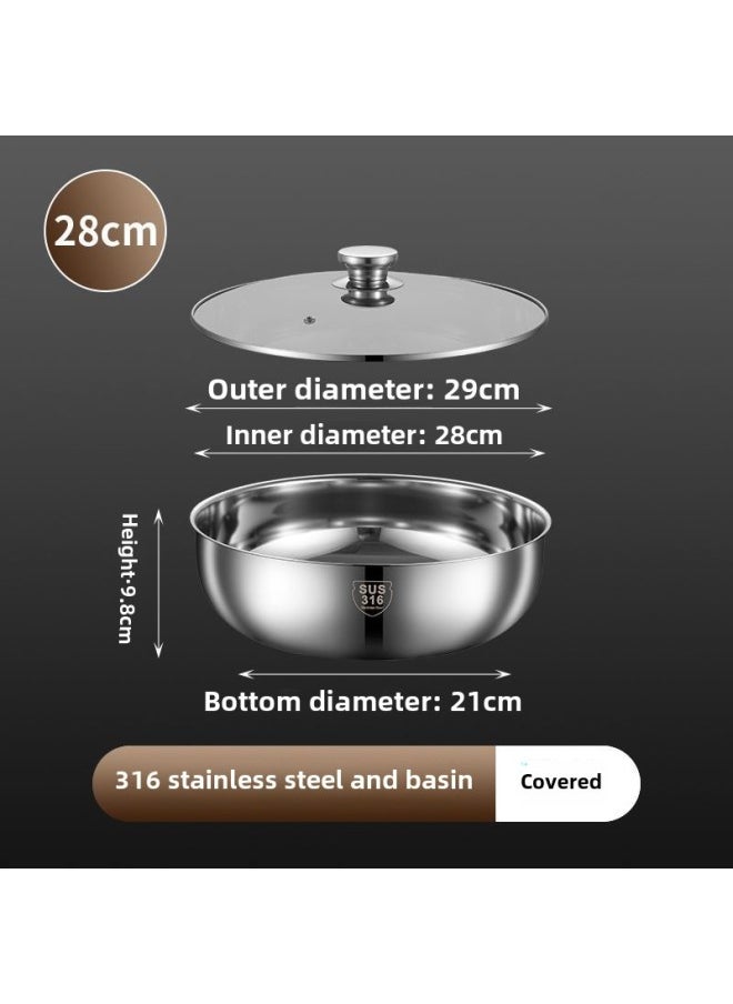 Germany Imported Stainless Steel And Basin With Lid Household Kitchen Vegetable Washing Basin Soup Pot Hot Pot Basin Hair Rubbing Basin-Specifications:With Glass Lid And Basin 28cm-Color:Deluxe 316 Food Grade