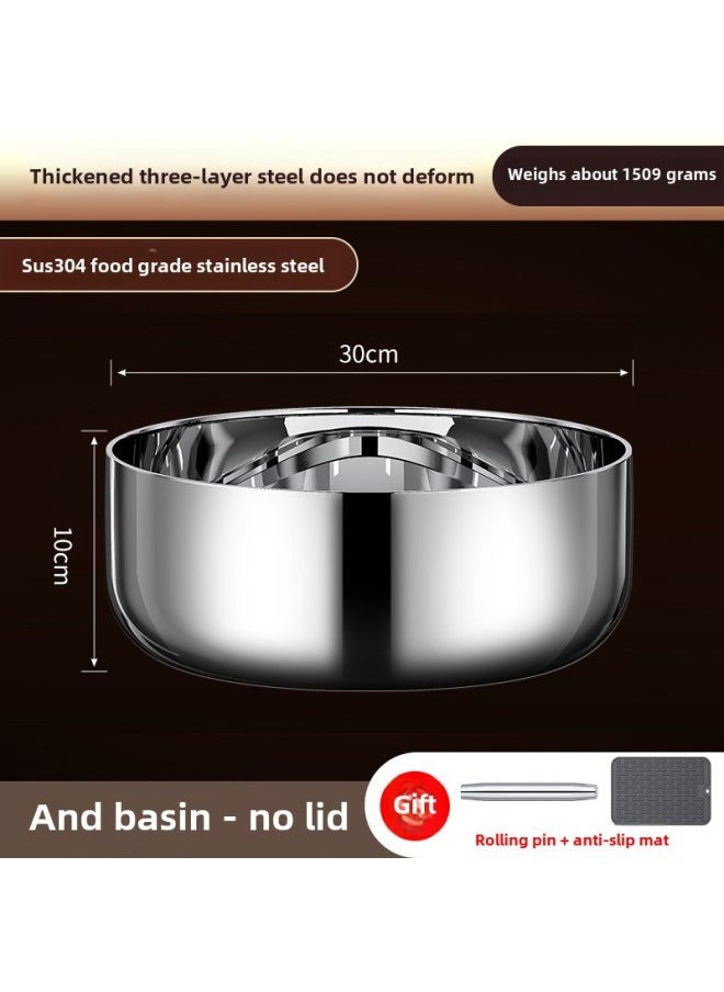 304 Three-layer Steel Extra-thick Stainless Steel And Basin Food-grade Household Egg-beating Basin Baking Face Thickened Basin-Color:30*10cm And Basin (without Lid) + Gifts