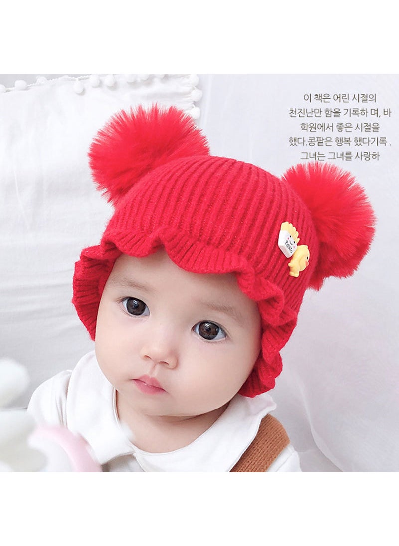 Knitted Baby Hat Unisex Newborn Beanie Autumn WinterVertical strip double ball Red Vertical strip double ball Red
