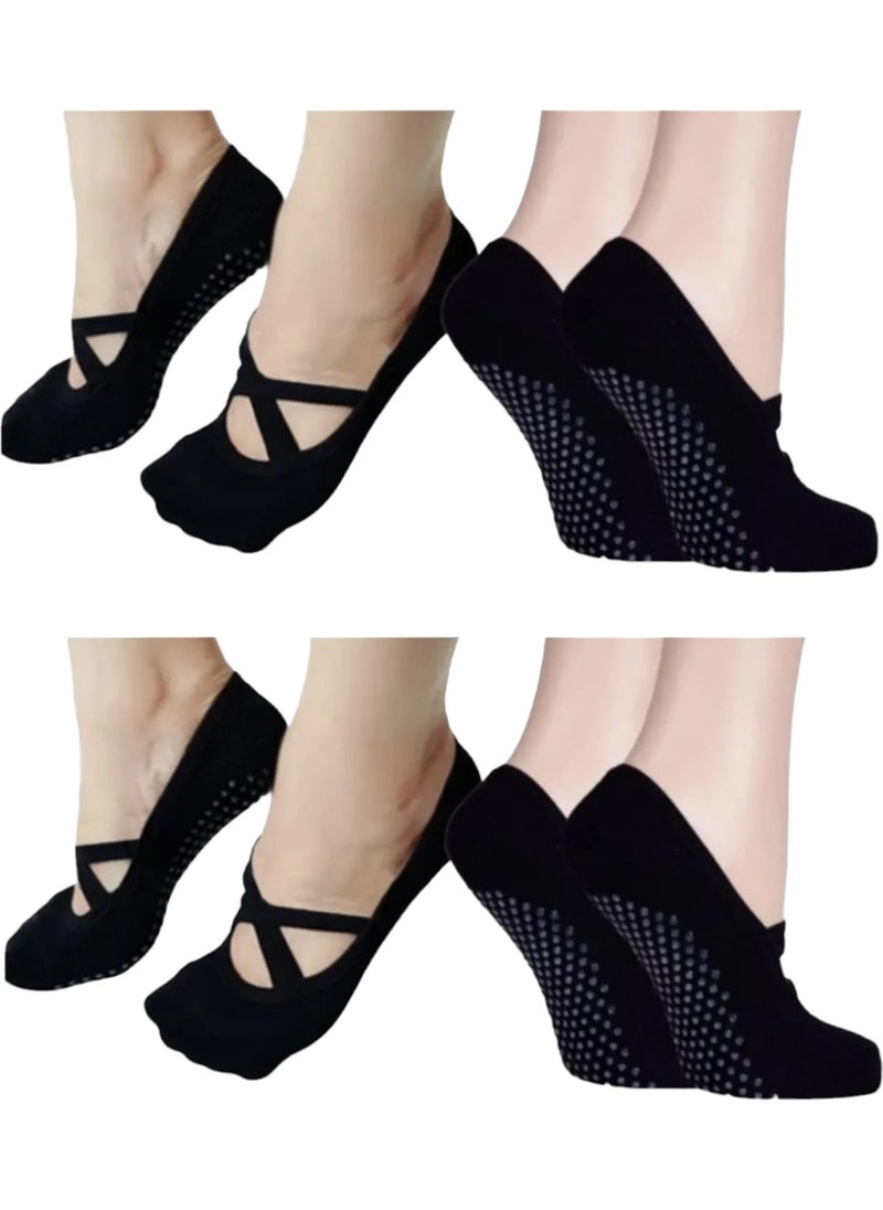 Women's Anti-Slip Sole Cotton Fitness Dance Pilates and Yoga Socks 4 Pieces