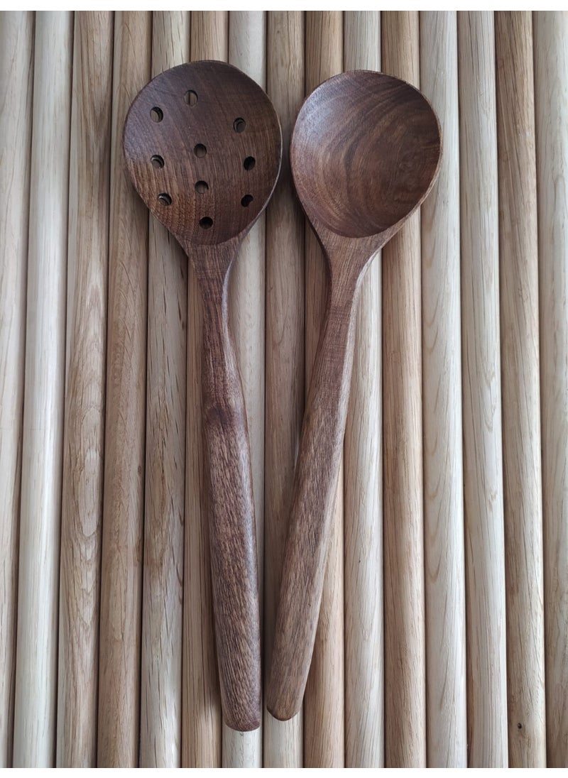 Handmade Olive Patterned Walnut Wood Spoon Set of 2