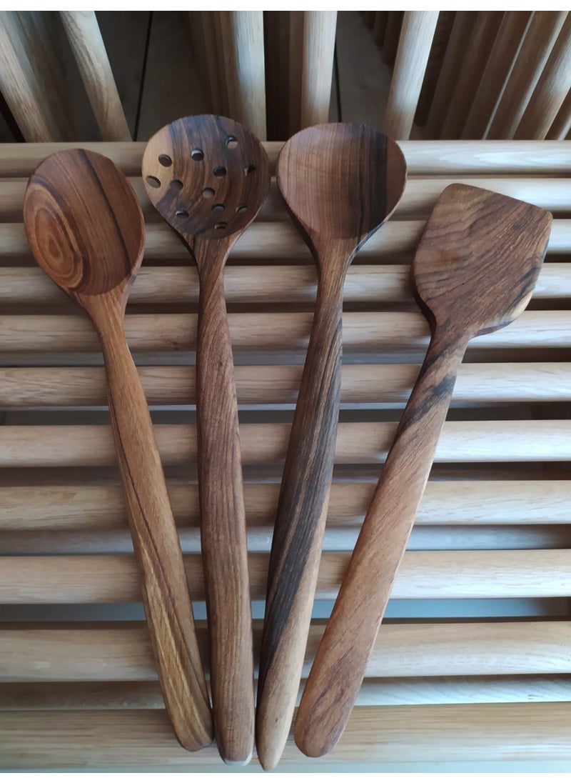 Handmade Olive Patterned Walnut Wood Spoon Spatula Set of 4