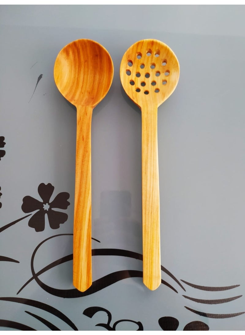 Home Handmade Wooden Cherry Wood Wooden Spoon Set Olive Patterned 2 Pieces 30 cm