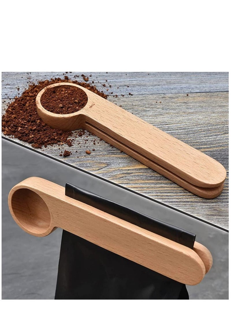Wooden Coffee Scoop and Bag Clip, Measure Spoon 2-In-1 Bags Sealer Measuring for Beans, Espresso Coffee, Tea
