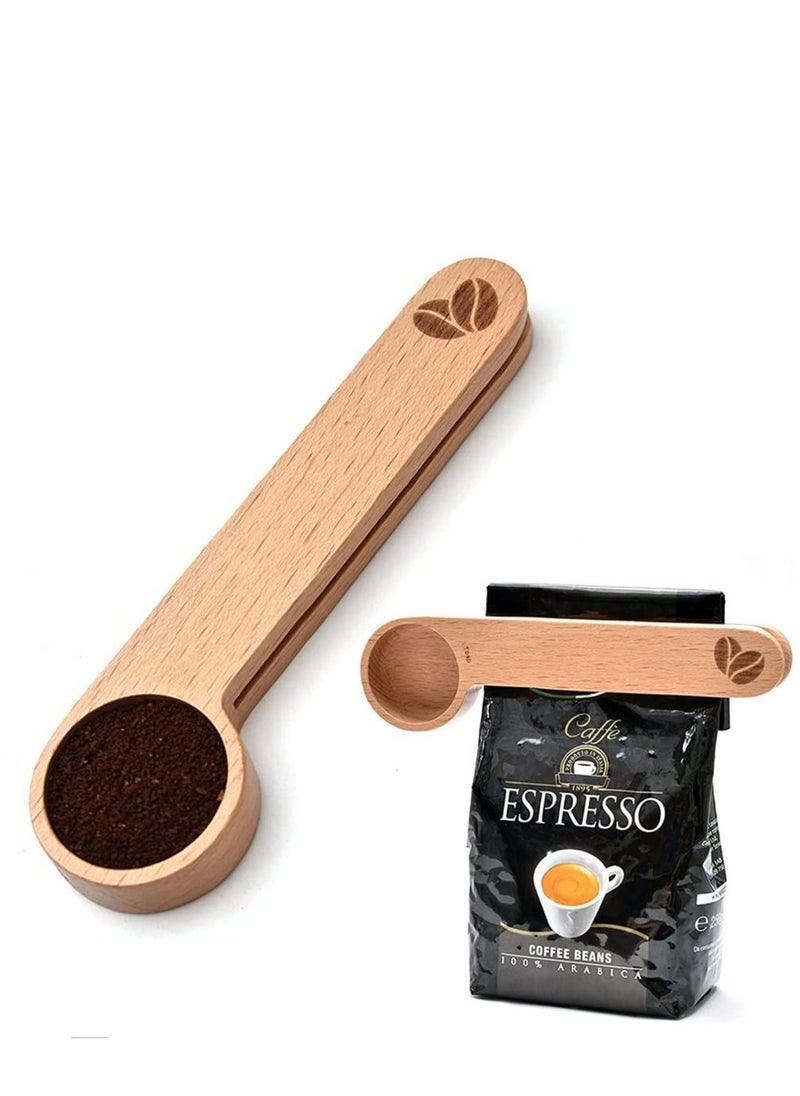 Wooden Coffee Scoop and Bag Clip, Measure Spoon 2-In-1 Bags Sealer Measuring for Beans, Espresso Coffee, Tea