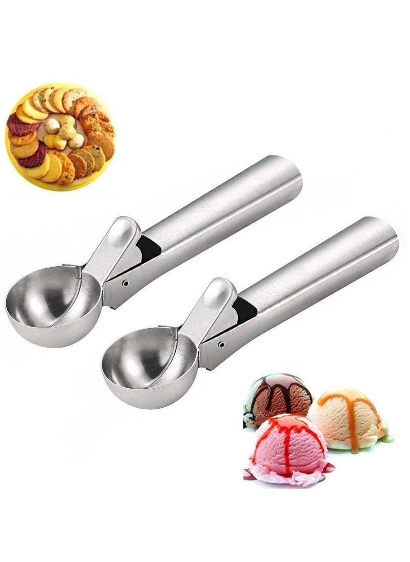Solid Stainless Steel Ice Cream Scoop, 2 Packs of steel Spoon with Easy Trigger, Dipper for Fruits, Water Melon Scoop