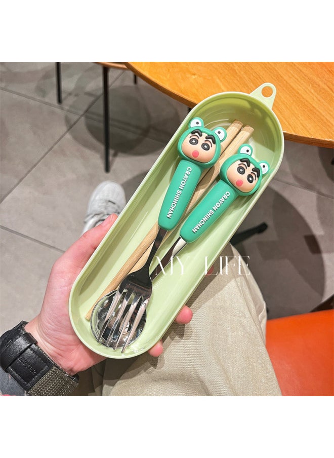 Genuine Crayon Small New High Color Value Children's Spoon Fork 304 Stainless Steel Convenient Tableware Watermelon Spoon Dessert Fork-Specifications:Crayon Shin-chan Green Spoon + Fork + Wooden Chopsticks (green Round Box)