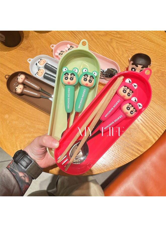 Genuine Crayon Small New High Color Value Children's Spoon Fork 304 Stainless Steel Convenient Tableware Watermelon Spoon Dessert Fork-Specifications:Crayon Shin-chan Green Spoon + Fork + Wooden Chopsticks (green Round Box)