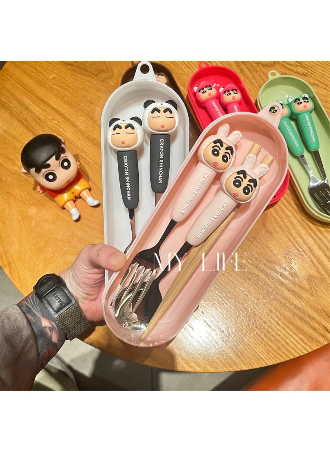 Genuine Crayon Small New High Color Value Children's Spoon Fork 304 Stainless Steel Convenient Tableware Watermelon Spoon Dessert Fork-Specifications:Crayon Shin-chan Green Spoon + Fork + Wooden Chopsticks (green Round Box)