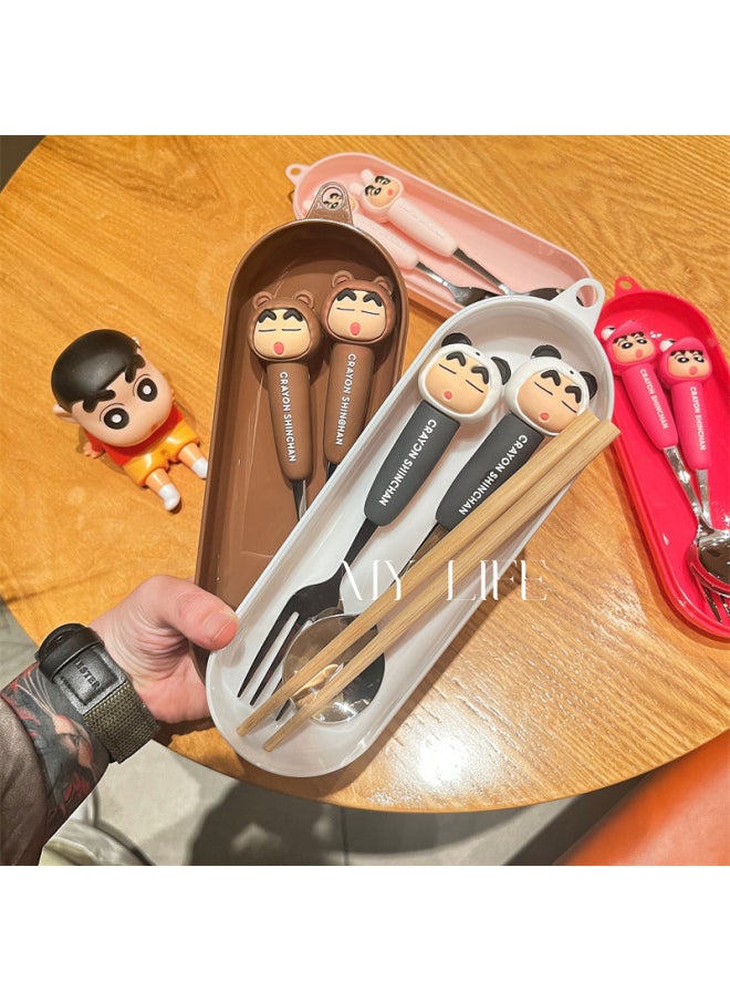 Genuine Crayon Small New High Color Value Children's Spoon Fork 304 Stainless Steel Convenient Tableware Watermelon Spoon Dessert Fork-Specifications:Crayon Shin-chan Green Spoon + Fork + Wooden Chopsticks (green Round Box)