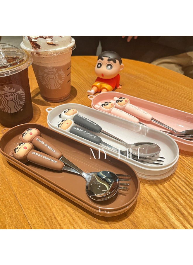Genuine Crayon Small New High Color Value Children's Spoon Fork 304 Stainless Steel Convenient Tableware Watermelon Spoon Dessert Fork-Specifications:Crayon Shin-chan Green Spoon + Fork + Wooden Chopsticks (green Round Box)