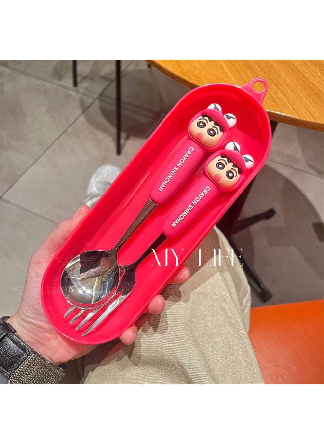Genuine Crayon Small New High Color Value Children's Spoon Fork 304 Stainless Steel Convenient Tableware Watermelon Spoon Dessert Fork-Specifications:Crayon Shin-chan Red Spoon + Fork (red Round Box)