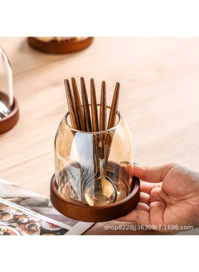 High-grade Fruit Fork Stainless Steel Cake Dessert Small Fork Home High-grade Creative Fruit Sign Storage Pot Suit-Specifications:Transparent-small Size-glass Jar Wooden Base + 3 Forks/3 Spoons
