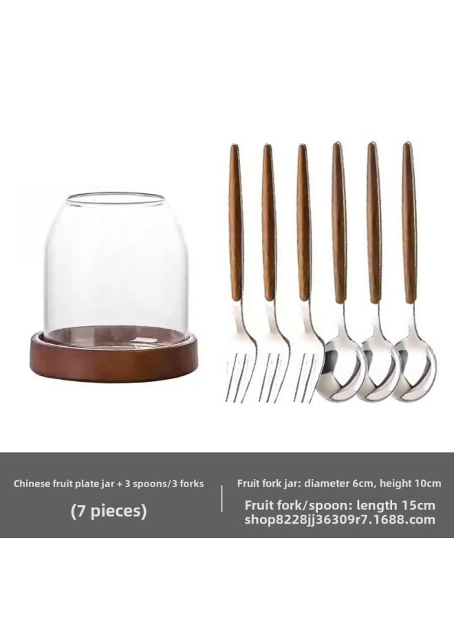 High-grade Fruit Fork Stainless Steel Cake Dessert Small Fork Home High-grade Creative Fruit Sign Storage Pot Suit-Specifications:Transparent-small Size-glass Jar Wooden Base + 3 Forks/3 Spoons