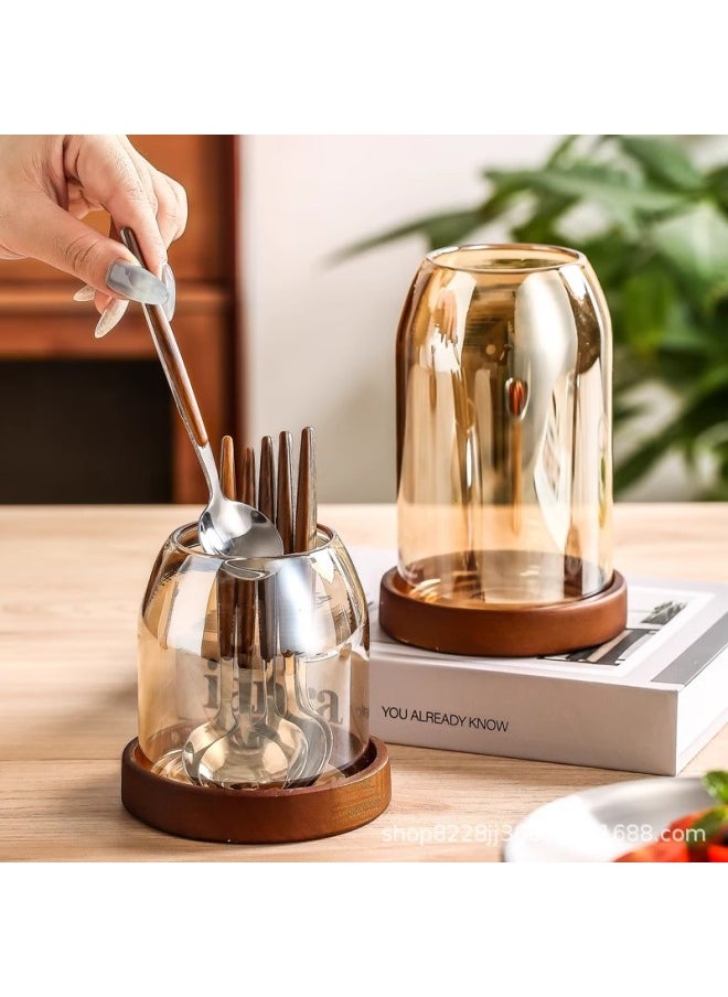 High-grade Fruit Fork Stainless Steel Cake Dessert Small Fork Home High-grade Creative Fruit Sign Storage Pot Suit-Specifications:Transparent-small Size-glass Jar Wooden Base + 3 Forks/3 Spoons