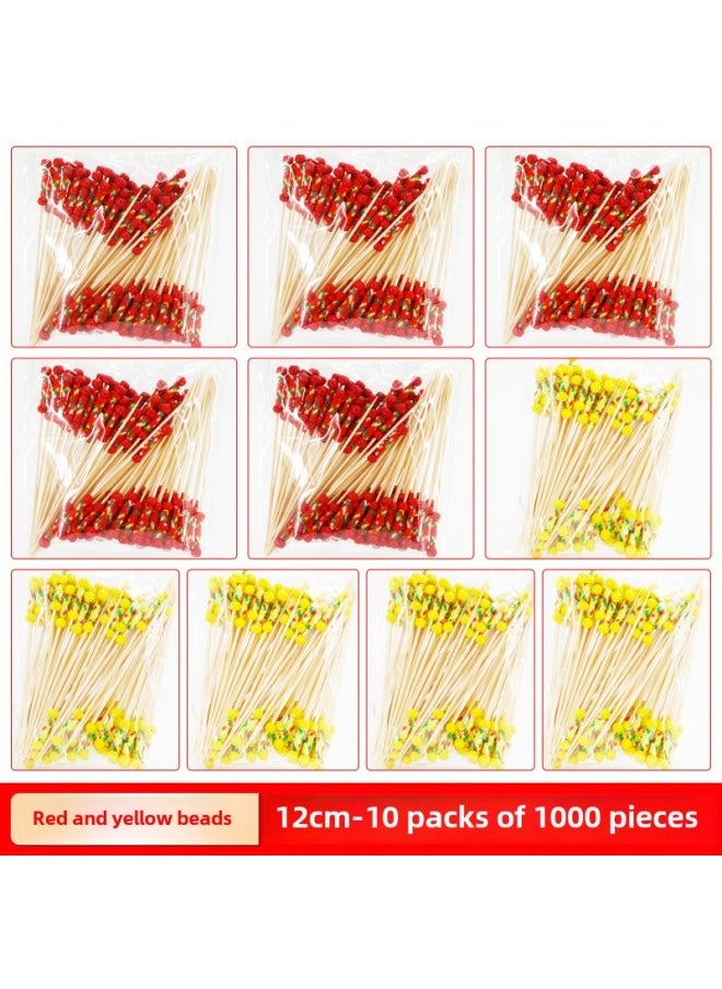 Disposable Fruit Stick Bamboo Stick Hamburger Dessert Sushi String Sign Plate Decorative Fruit Fork Cocktail Creative Flower Sign-Specifications:♛12cm⭐Red And Yellow Double Beads/1000 Pieces♛