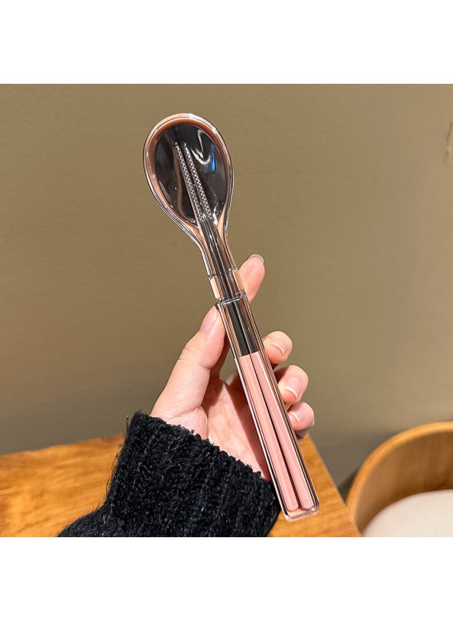 Chopsticks Spoon Portable Suit Tableware Student Children's Storage Box One Person Easy To Use Take-Away Personal Chopsticks Box-Specifications:Default Items-Color:Solid Color-pink